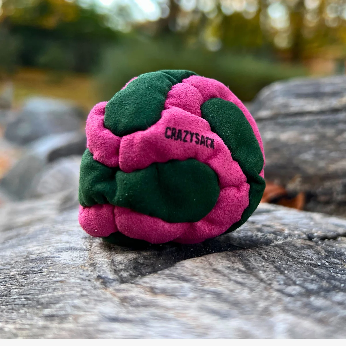 Ein pink grüner Footbag liegt auf einem Holzstamm im Park