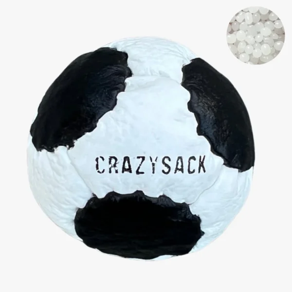 CRAZYSACK 14-Panel Netbag Schwarz-Weiß auf weißem Hintergrund – handgefertigter Footbag mit Kunststoffgranulat