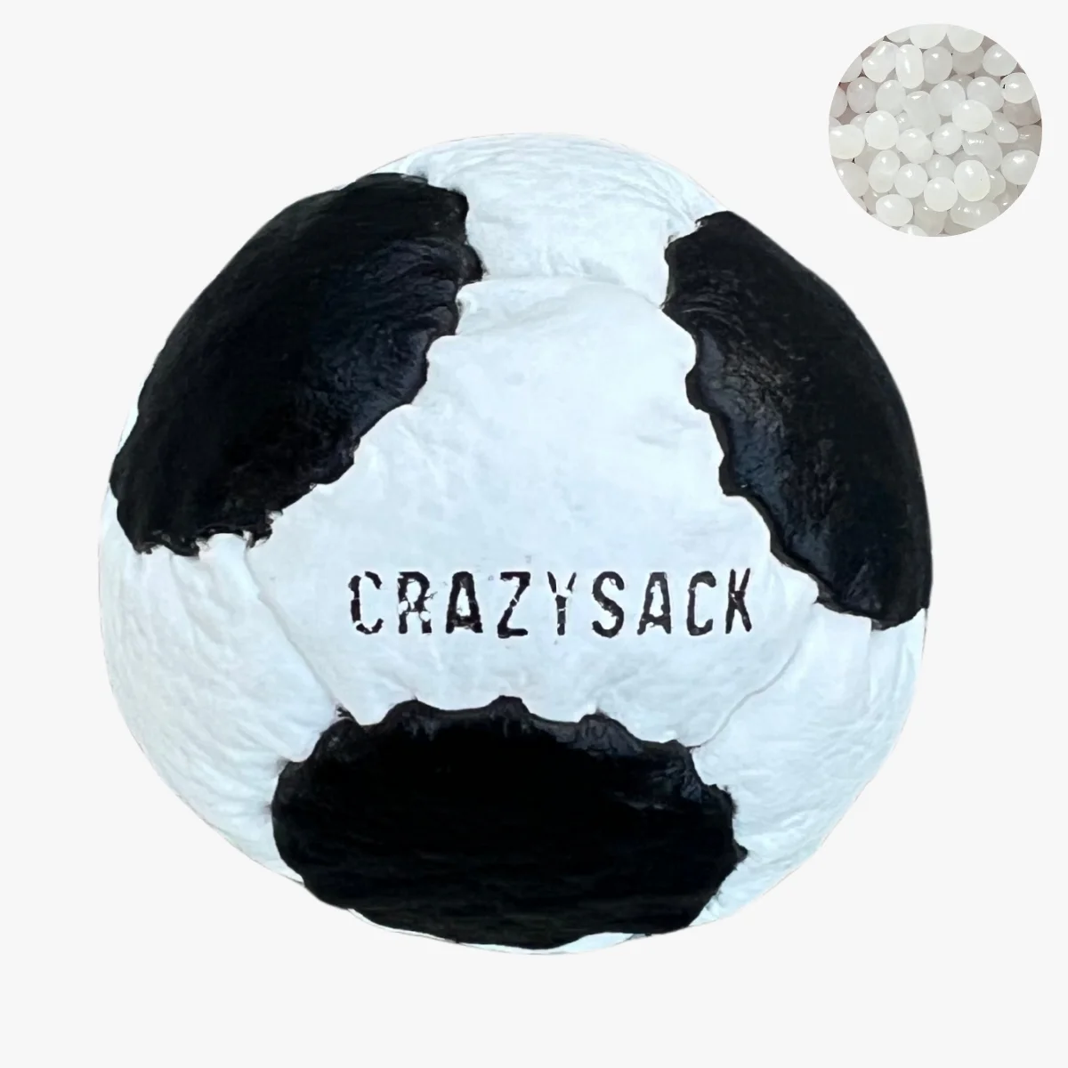 CRAZYSACK 14-Panel Netbag Schwarz-Weiß auf weißem Hintergrund – handgefertigter Footbag mit Kunststoffgranulat